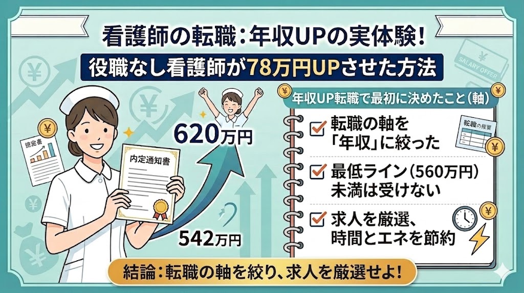役職なし看護師が年収542万→620万円超にした転職術｜軸の決め方