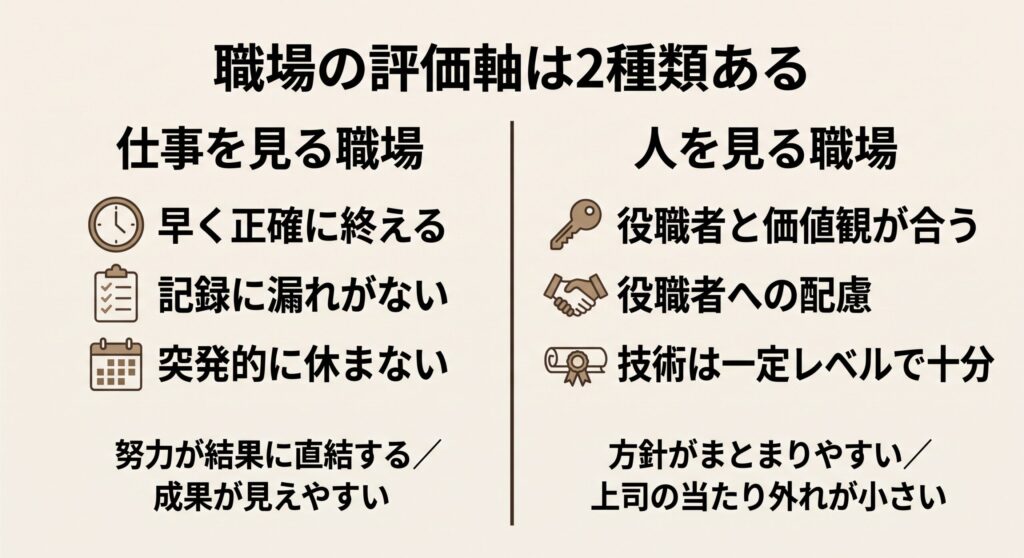 看護師の職場は「仕事を見る職場」と「人を見る職場」の2種類の評価軸に分かれることを示す比較図